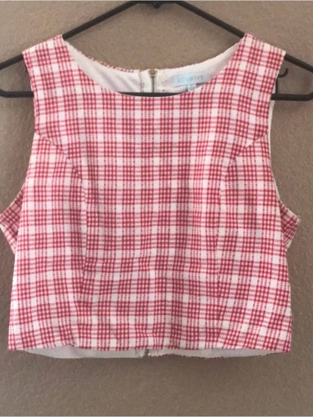 Red & White Plaid Cropped Tank Top